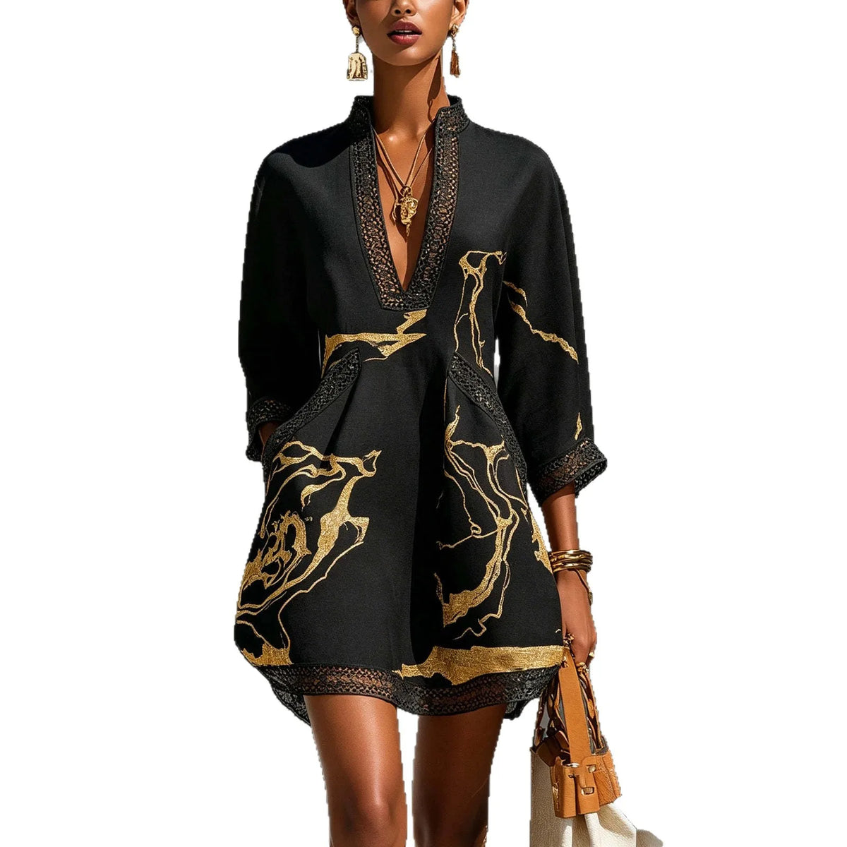 Elegant Mini Dress for Women Fashion Lace Trim V Neck Abstract Print 3/4 Sleeve Pocket Dress Casual Commuting Vacation Dresses