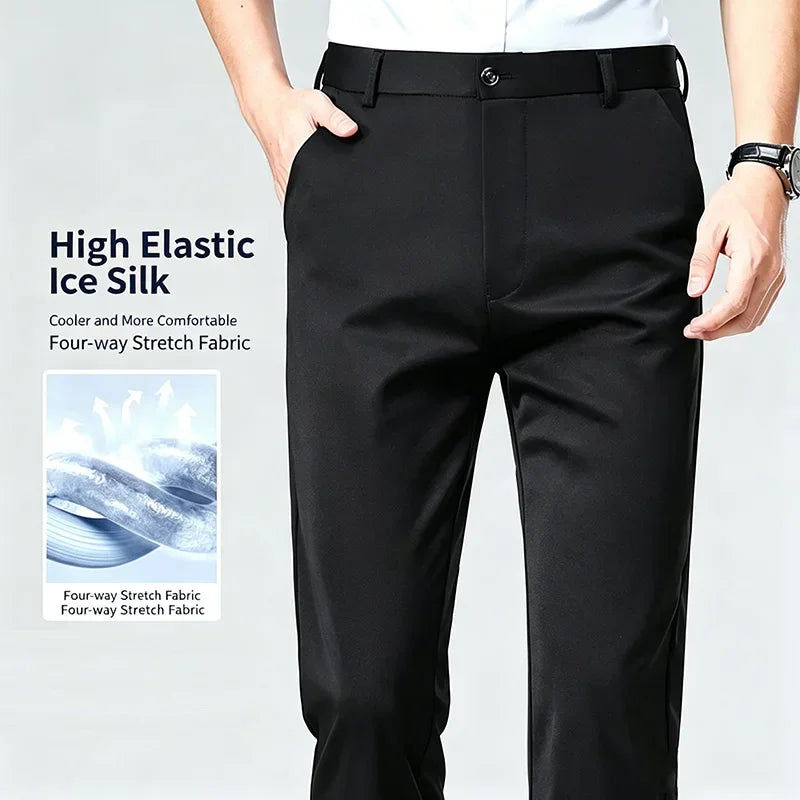 Mens Business Meeting Straight Leg Chino Pants Thin Cool Moisture Wicking Four Way Stretch Comfort Trousers