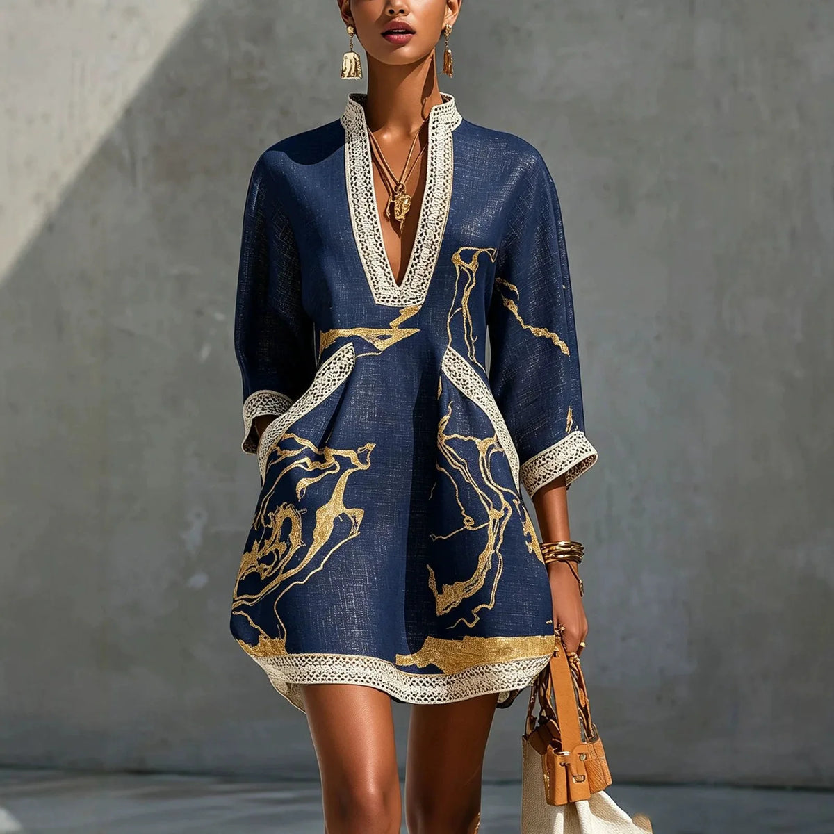 Elegant Mini Dress for Women Fashion Lace Trim V Neck Abstract Print 3/4 Sleeve Pocket Dress Casual Commuting Vacation Dresses