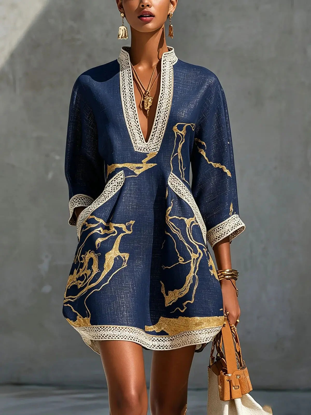 Elegant Mini Dress for Women Fashion Lace Trim V Neck Abstract Print 3/4 Sleeve Pocket Dress Casual Commuting Vacation Dresses