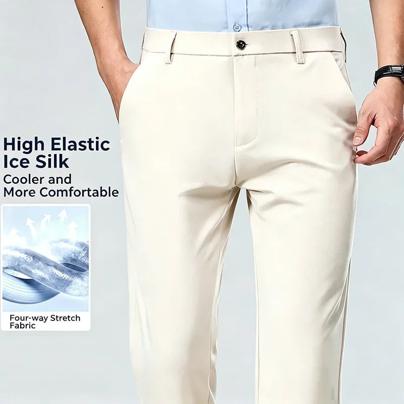 Mens Business Meeting Straight Leg Chino Pants Thin Cool Moisture Wicking Four Way Stretch Comfort Trousers