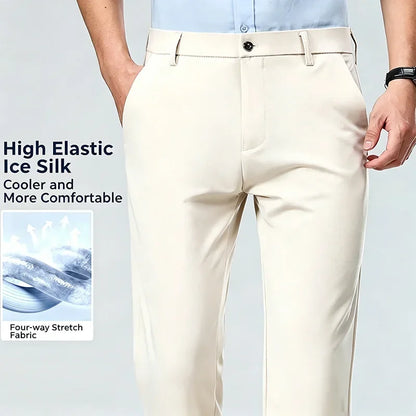 Mens Business Meeting Straight Leg Chino Pants Thin Cool Moisture Wicking Four Way Stretch Comfort Trousers
