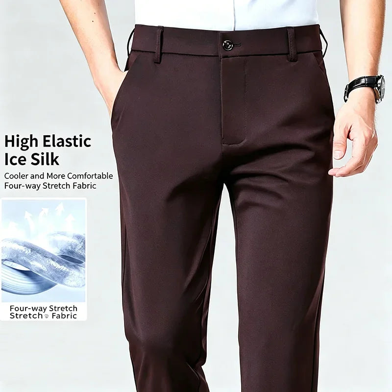 Mens Business Meeting Straight Leg Chino Pants Thin Cool Moisture Wicking Four Way Stretch Comfort Trousers