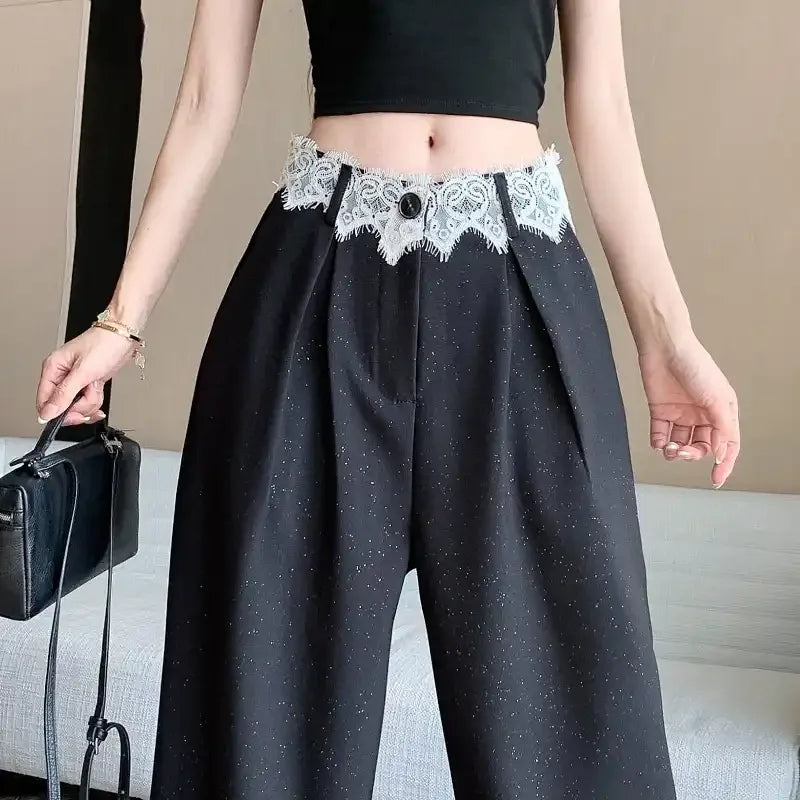 Tidal Vibes womens-wide-leg-trousers-high-waisted-with-lace-trim-sparkle-detail