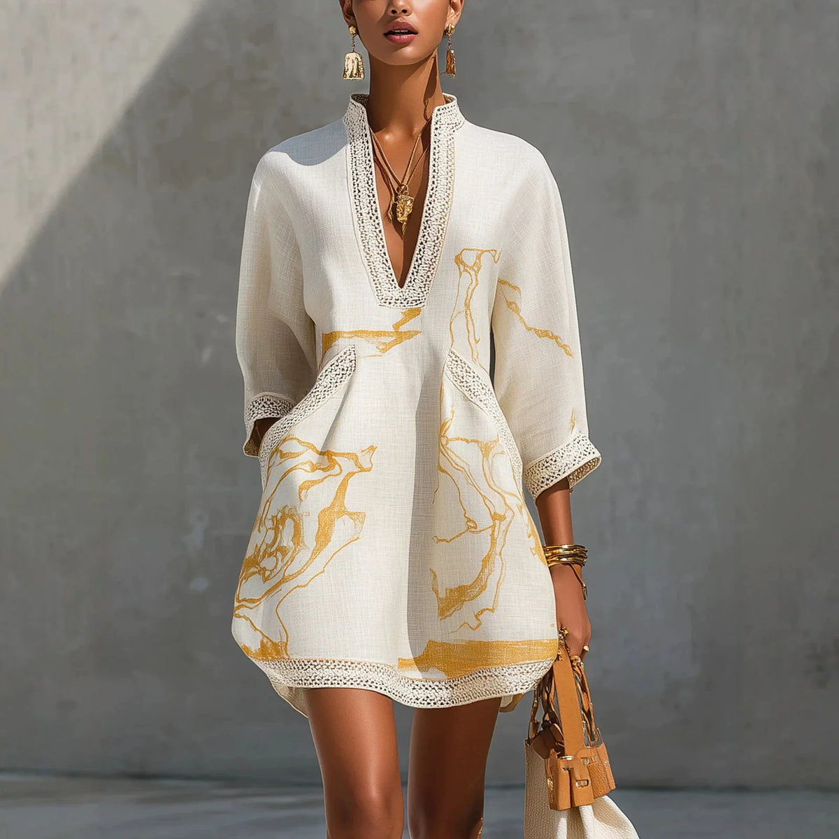 Elegant Mini Dress for Women Fashion Lace Trim V Neck Abstract Print 3/4 Sleeve Pocket Dress Casual Commuting Vacation Dresses