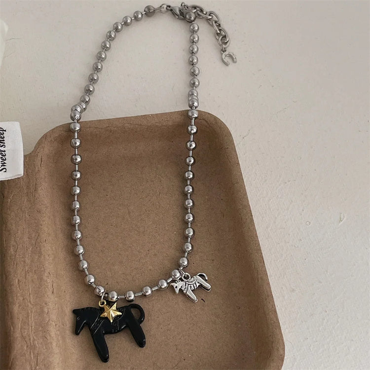 Tidal Vibes Enamel Horse Pendant Necklace Colorful