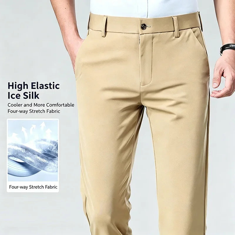 Mens Business Meeting Straight Leg Chino Pants Thin Cool Moisture Wicking Four Way Stretch Comfort Trousers