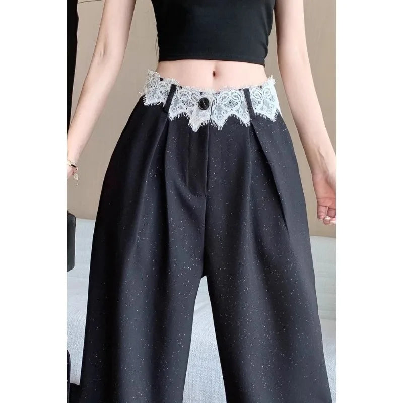 Tidal Vibes womens-wide-leg-trousers-high-waisted-with-lace-trim-sparkle-detail