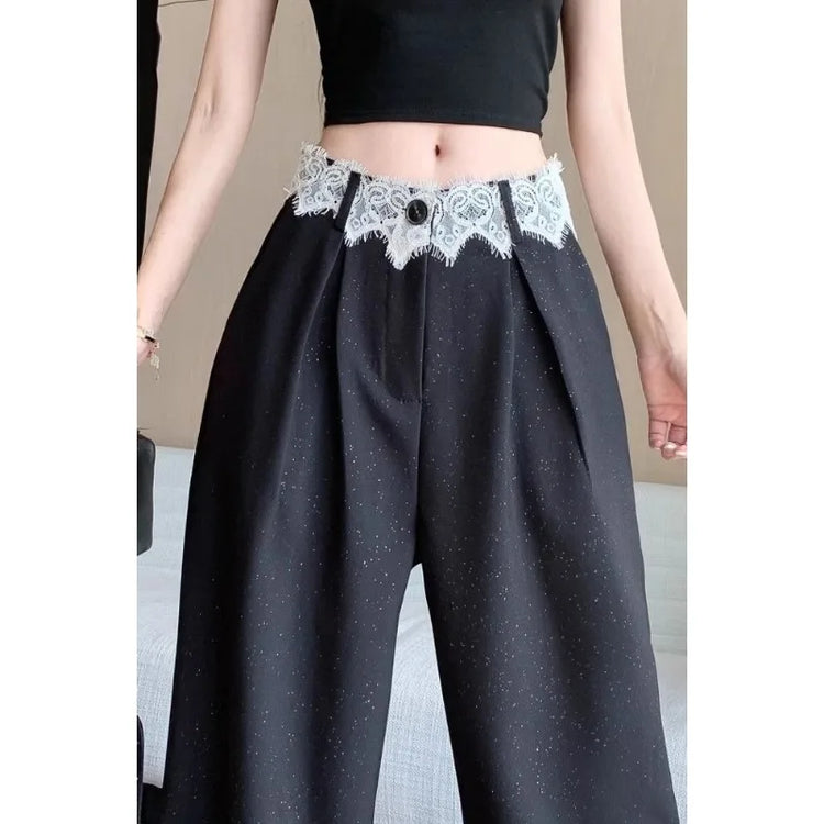 Tidal Vibes womens-wide-leg-trousers-high-waisted-with-lace-trim-sparkle-detail