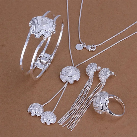 Tidal Vibes 925 Silver Rose Flower Jewelry Set Women