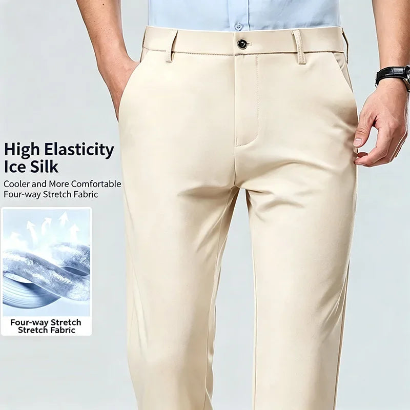 Mens Business Meeting Straight Leg Chino Pants Thin Cool Moisture Wicking Four Way Stretch Comfort Trousers