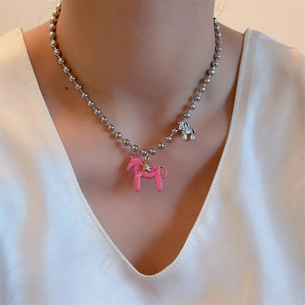 Tidal Vibes Enamel Horse Pendant Necklace Colorful