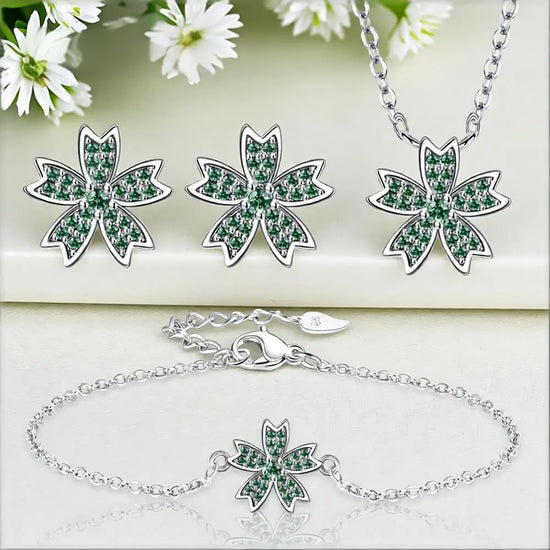 Tidal Vibes 925 Silver Cherry Blossom Necklace Earrings Bracelet