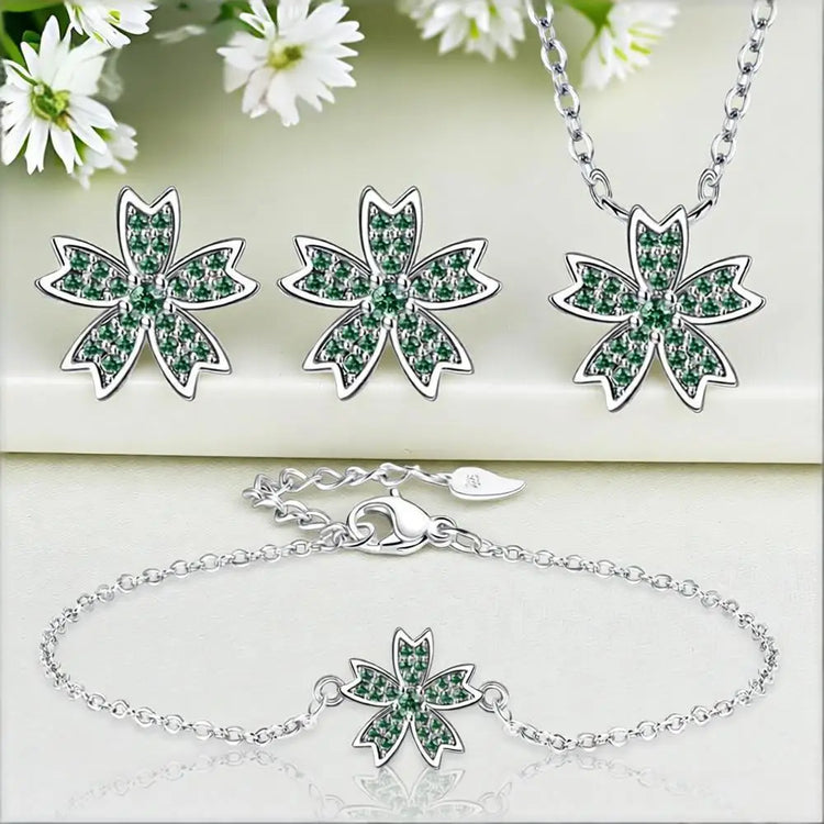 Tidal Vibes 925 Silver Cherry Blossom Necklace Earrings Bracelet
