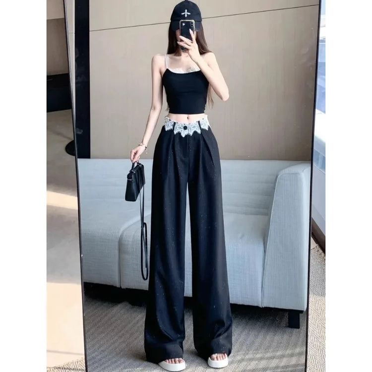 Tidal Vibes womens-wide-leg-trousers-high-waisted-with-lace-trim-sparkle-detail