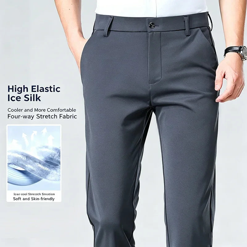 Mens Business Meeting Straight Leg Chino Pants Thin Cool Moisture Wicking Four Way Stretch Comfort Trousers