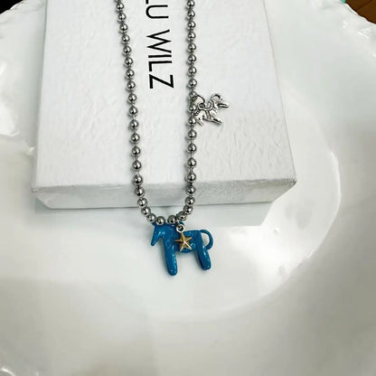 Tidal Vibes Enamel Horse Pendant Necklace Colorful