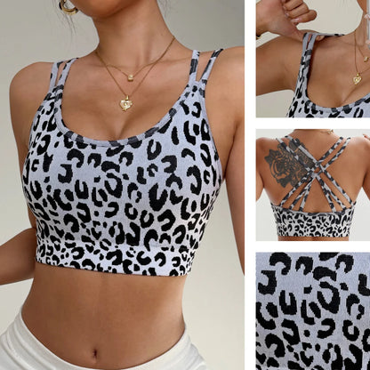 Seamless Sports Bra Breathable Crisscross Back Hollow Front Padded Cups Leopard Print Light Support Gym Yoga Activewear Crop Top