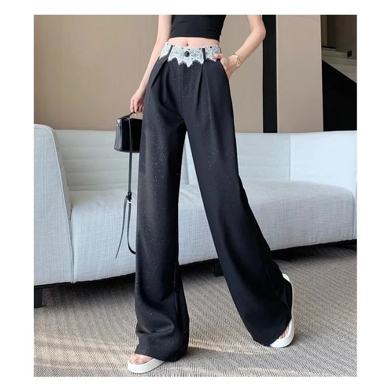 Tidal Vibes womens-wide-leg-trousers-high-waisted-with-lace-trim-sparkle-detail