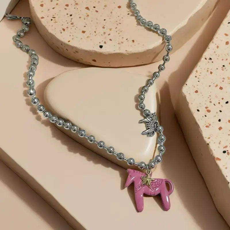 Tidal Vibes Enamel Horse Pendant Necklace Colorful