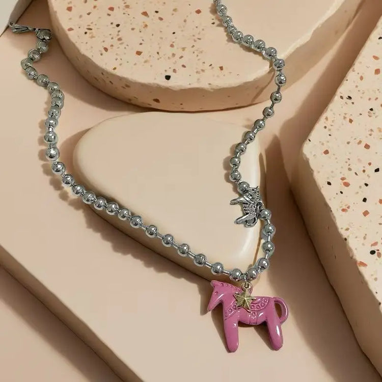 Tidal Vibes Enamel Horse Pendant Necklace Colorful