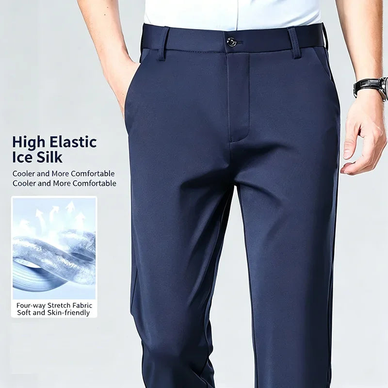 Mens Business Meeting Straight Leg Chino Pants Thin Cool Moisture Wicking Four Way Stretch Comfort Trousers