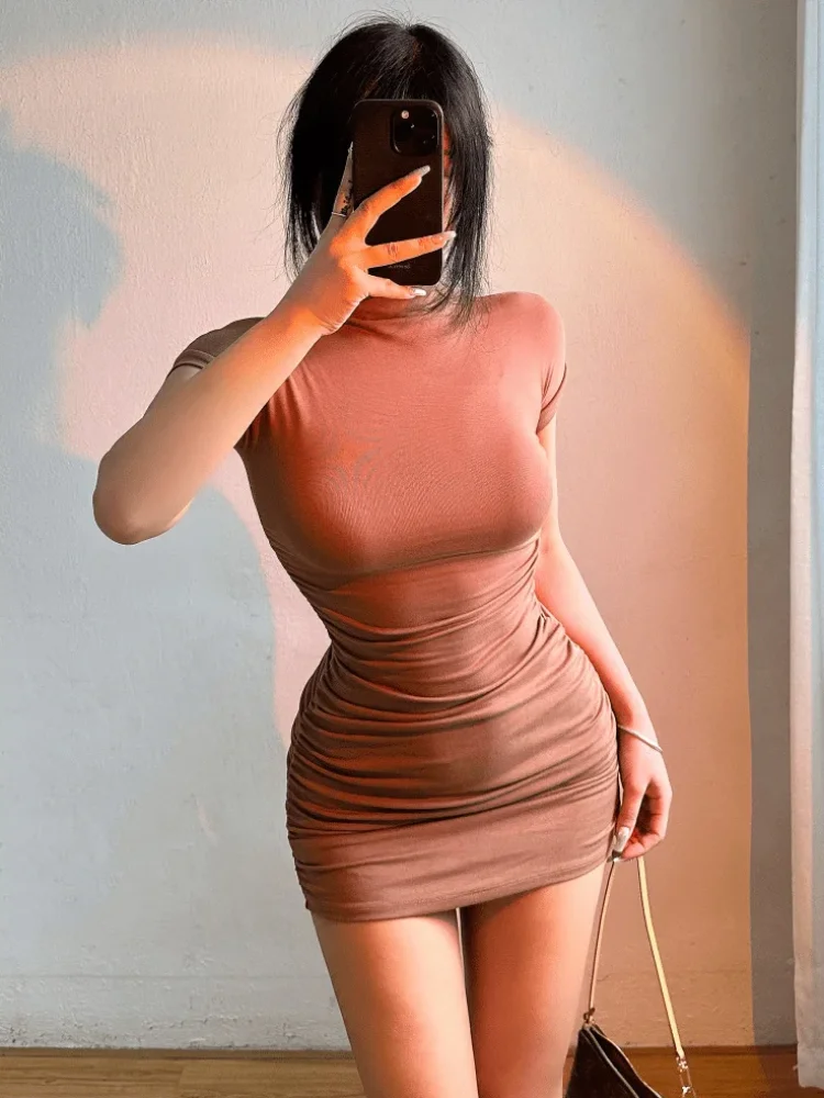 Tidal Vibes sexy-tight-half-high-collar-pleated-waist-mini-dress-spicy-girls
