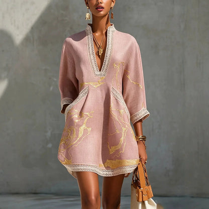 Elegant Mini Dress for Women Fashion Lace Trim V Neck Abstract Print 3/4 Sleeve Pocket Dress Casual Commuting Vacation Dresses