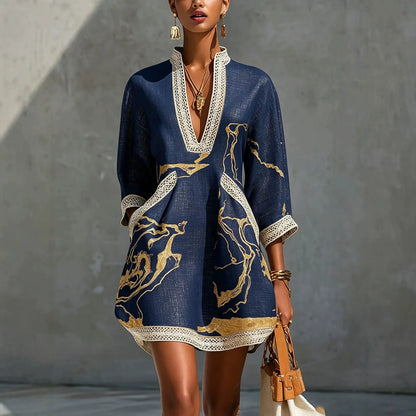Elegant Mini Dress for Women Fashion Lace Trim V Neck Abstract Print 3/4 Sleeve Pocket Dress Casual Commuting Vacation Dresses