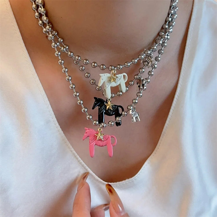 Tidal Vibes Enamel Horse Pendant Necklace Colorful