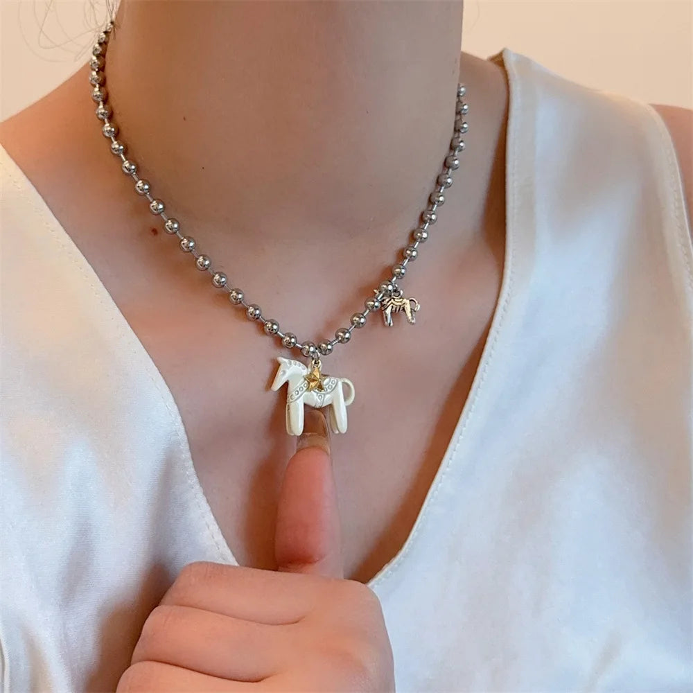 Tidal Vibes Enamel Horse Pendant Necklace Colorful