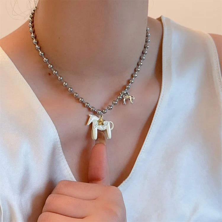 Tidal Vibes Enamel Horse Pendant Necklace Colorful