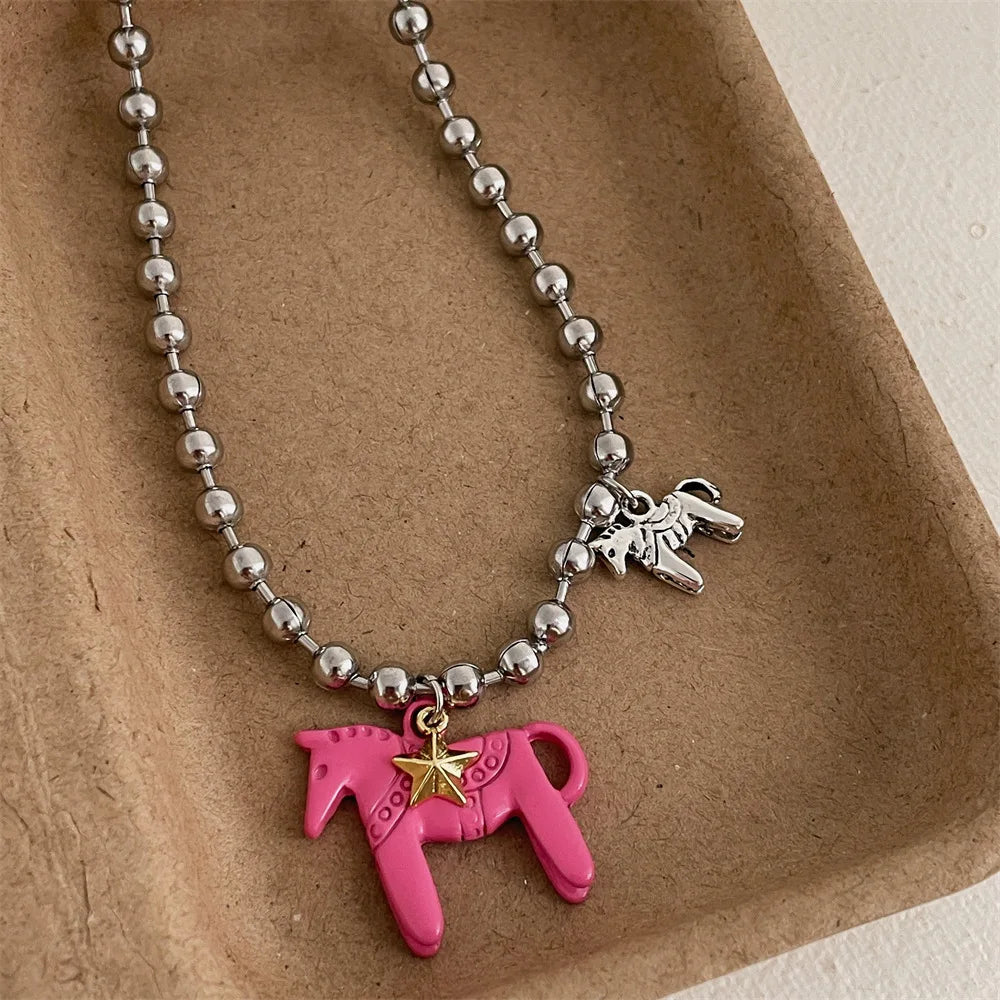 Tidal Vibes Enamel Horse Pendant Necklace Colorful