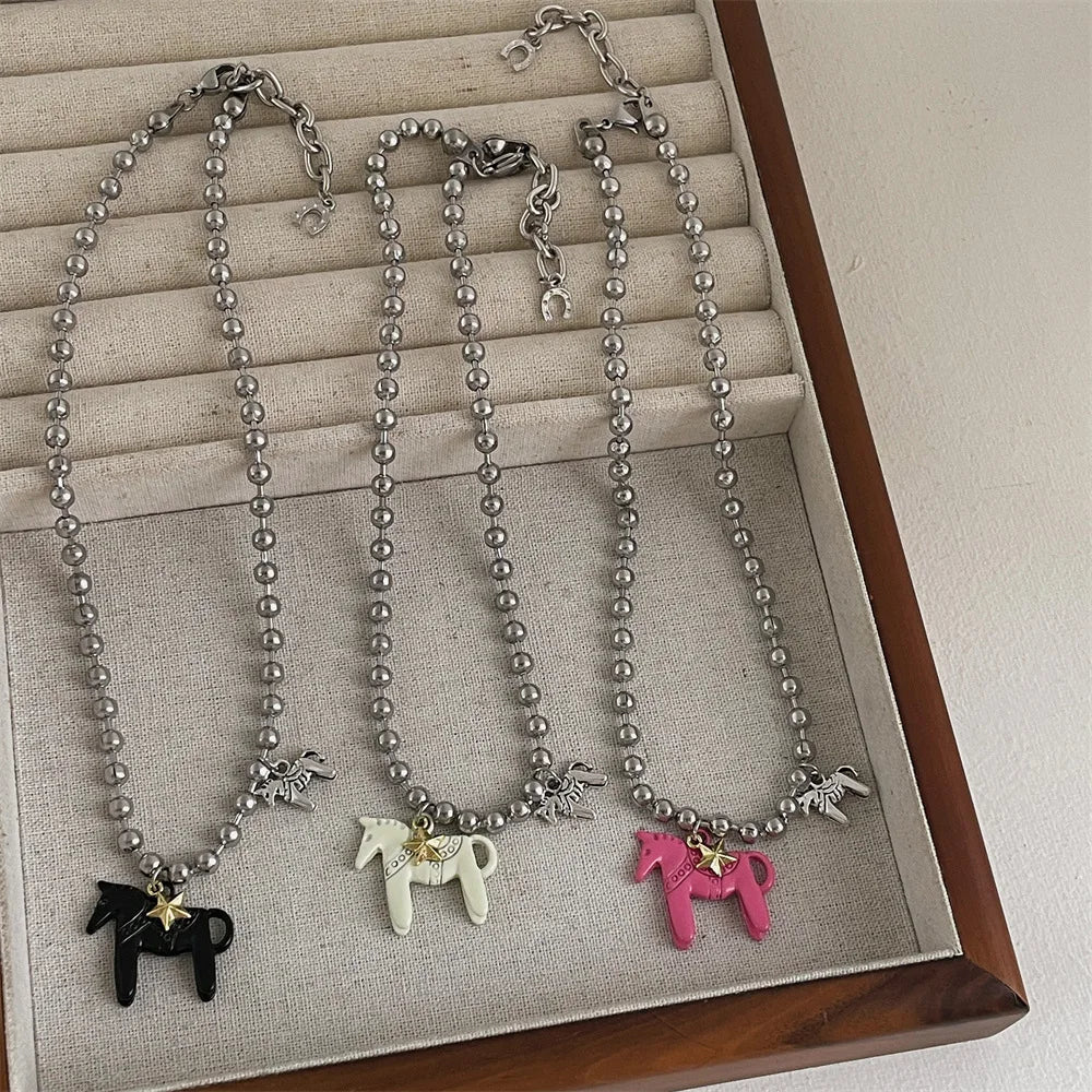 Tidal Vibes Enamel Horse Pendant Necklace Colorful