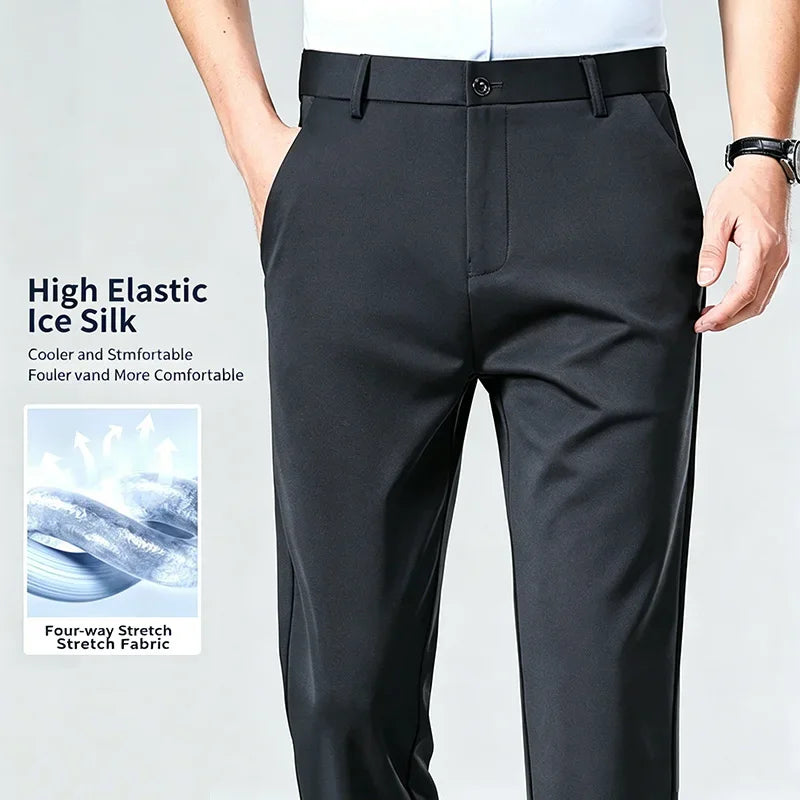 Mens Business Meeting Straight Leg Chino Pants Thin Cool Moisture Wicking Four Way Stretch Comfort Trousers