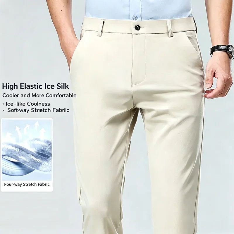 Mens Business Meeting Straight Leg Chino Pants Thin Cool Moisture Wicking Four Way Stretch Comfort Trousers