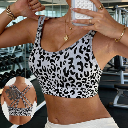 Seamless Sports Bra Breathable Crisscross Back Hollow Front Padded Cups Leopard Print Light Support Gym Yoga Activewear Crop Top