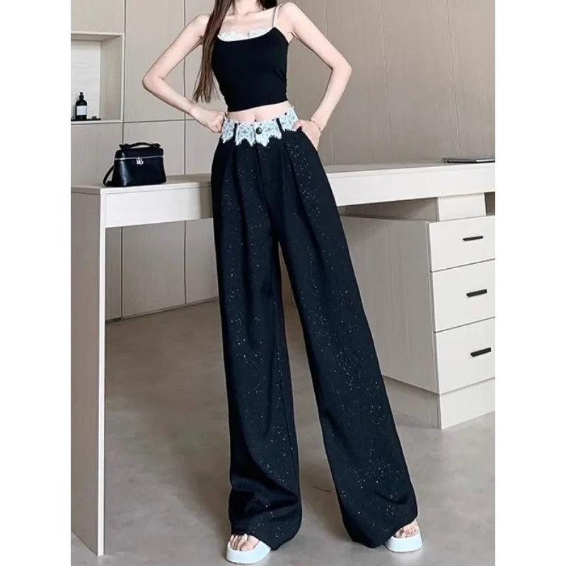 Tidal Vibes womens-wide-leg-trousers-high-waisted-with-lace-trim-sparkle-detail