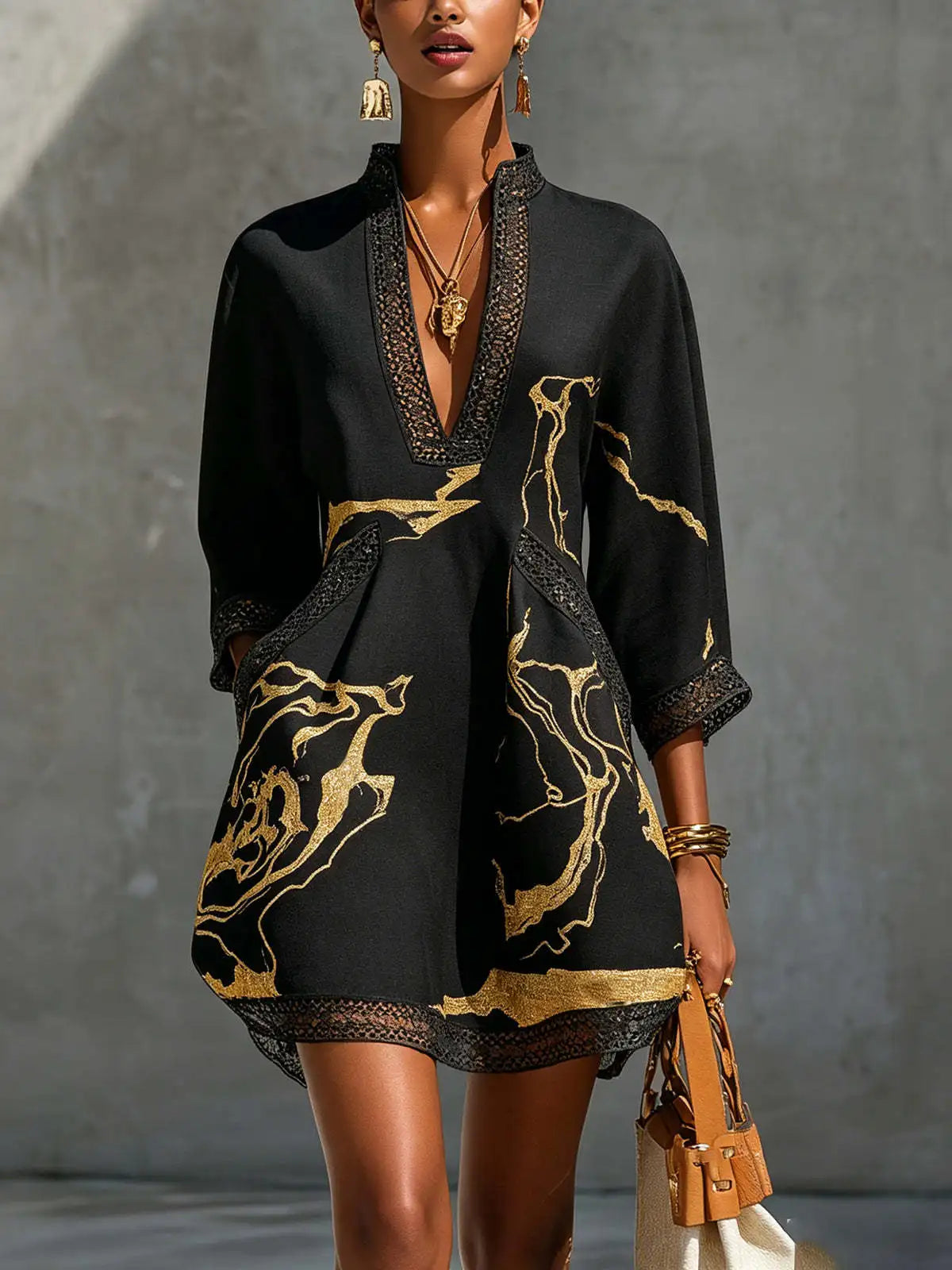 Elegant Mini Dress for Women Fashion Lace Trim V Neck Abstract Print 3/4 Sleeve Pocket Dress Casual Commuting Vacation Dresses