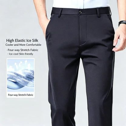 Mens Business Meeting Straight Leg Chino Pants Thin Cool Moisture Wicking Four Way Stretch Comfort Trousers